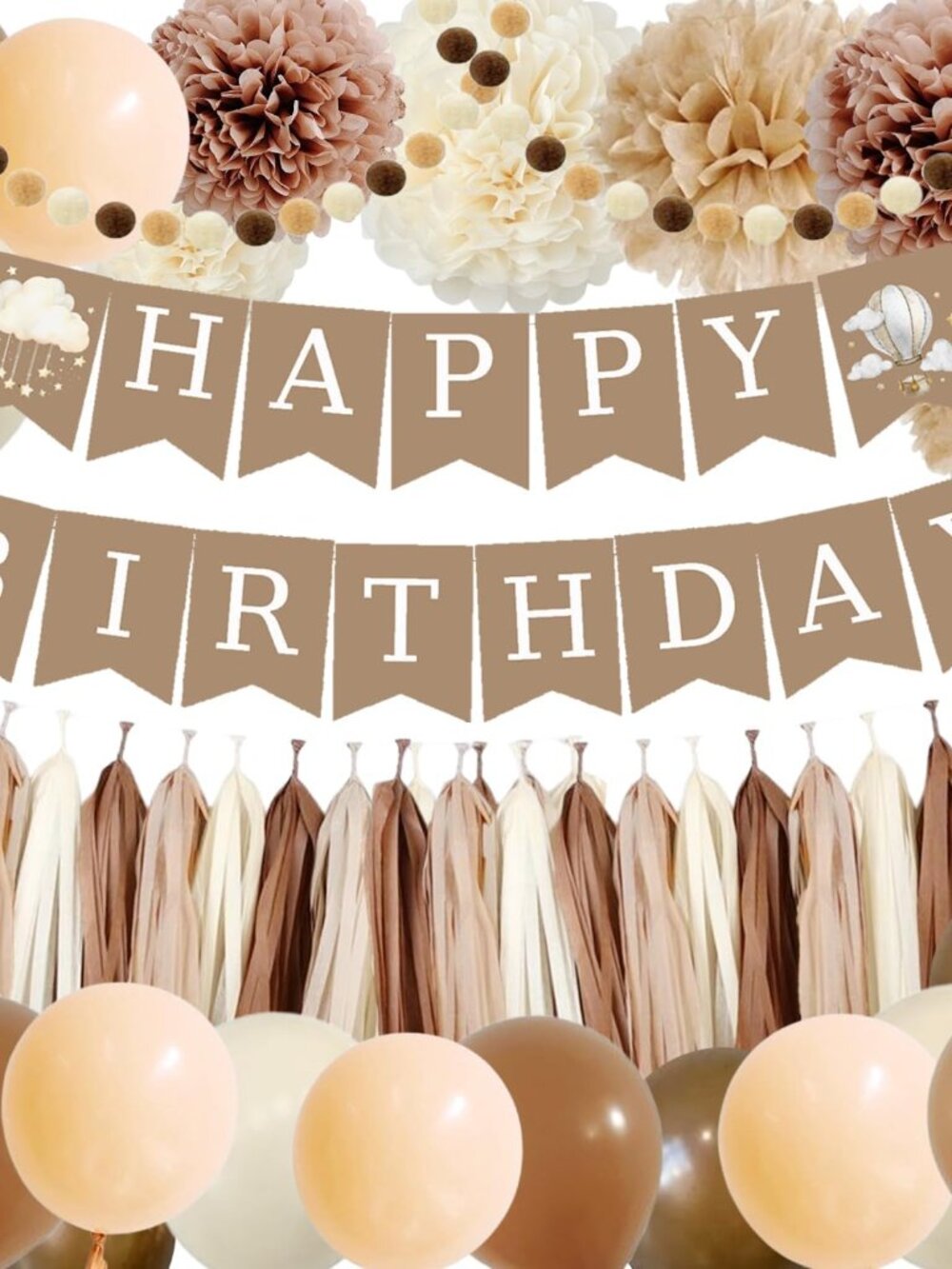 Birthday Decorations for Girls Boys, Brown Happy Birthday Banner with Felt Ball